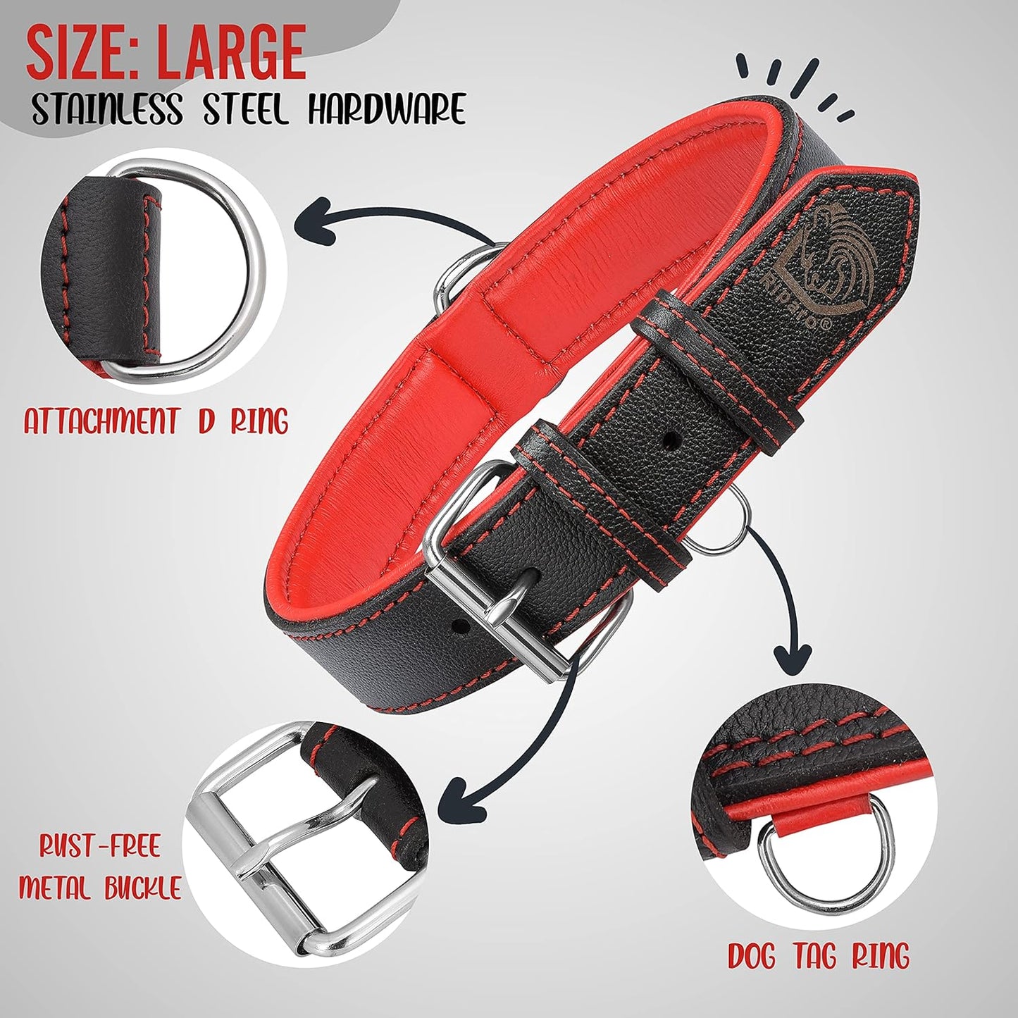 Riparo Dog Collars for Medium Dogs, Genuine Leather Dog Collar, Medium Dog Collar (M: 1" Wide for 13.5ā-17.5ā Neck, Black/Red Thread)