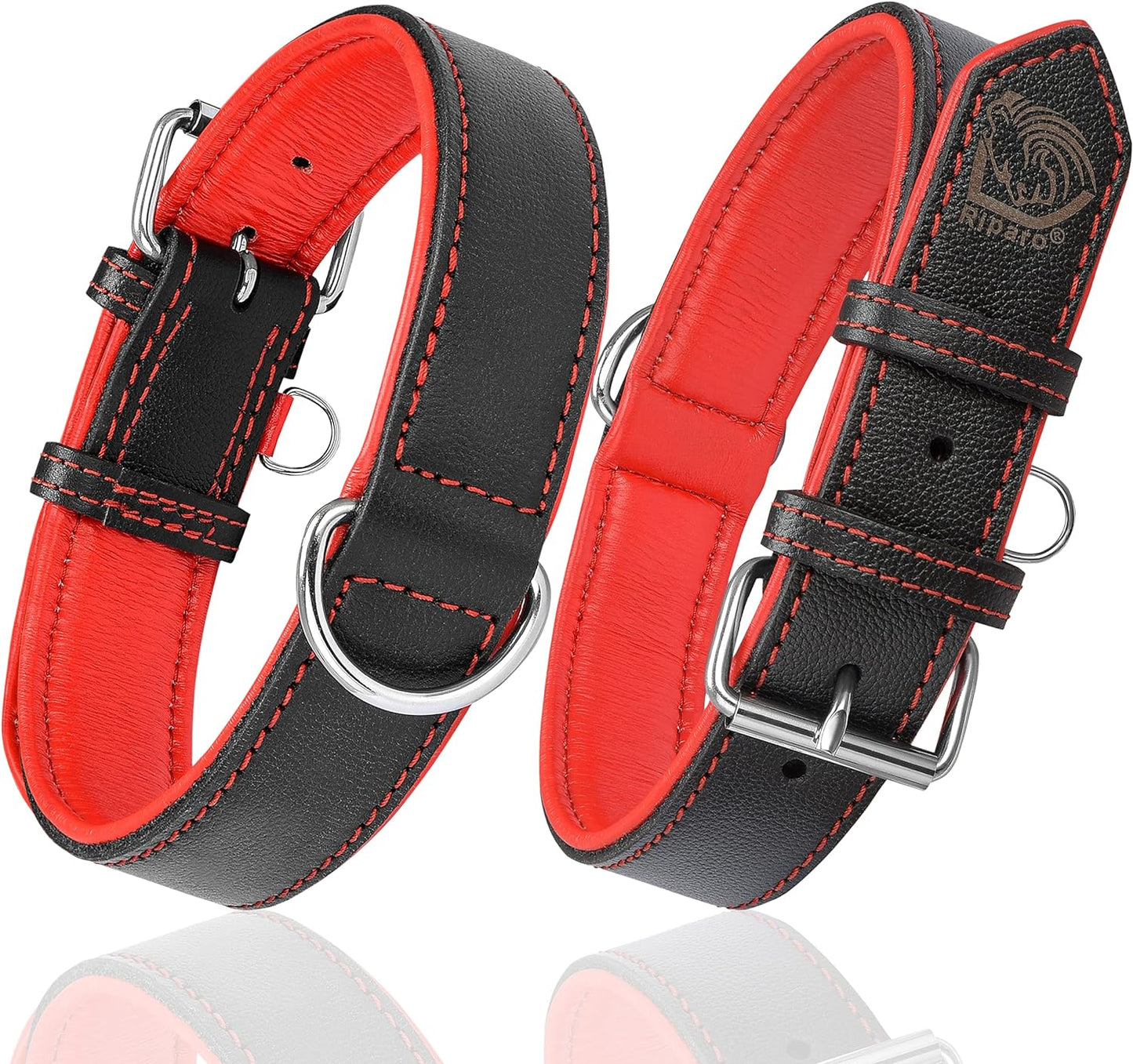 Riparo Dog Collars for Medium Dogs, Genuine Leather Dog Collar, Medium Dog Collar (M: 1" Wide for 13.5ā-17.5ā Neck, Black/Red Thread)