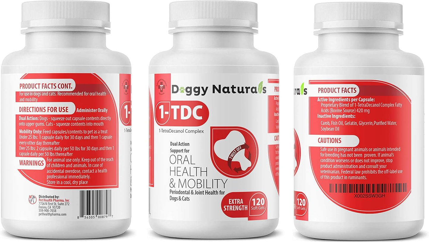 1TDC Dual Action Natural Support – Twist off 120 Count Soft Gels for Dogs & Cats (4- in - 1 Wellness Solution) Supports Oral Health, Hip & Joint Health, Muscle & Stamina Recovery, Skin & Coat Health